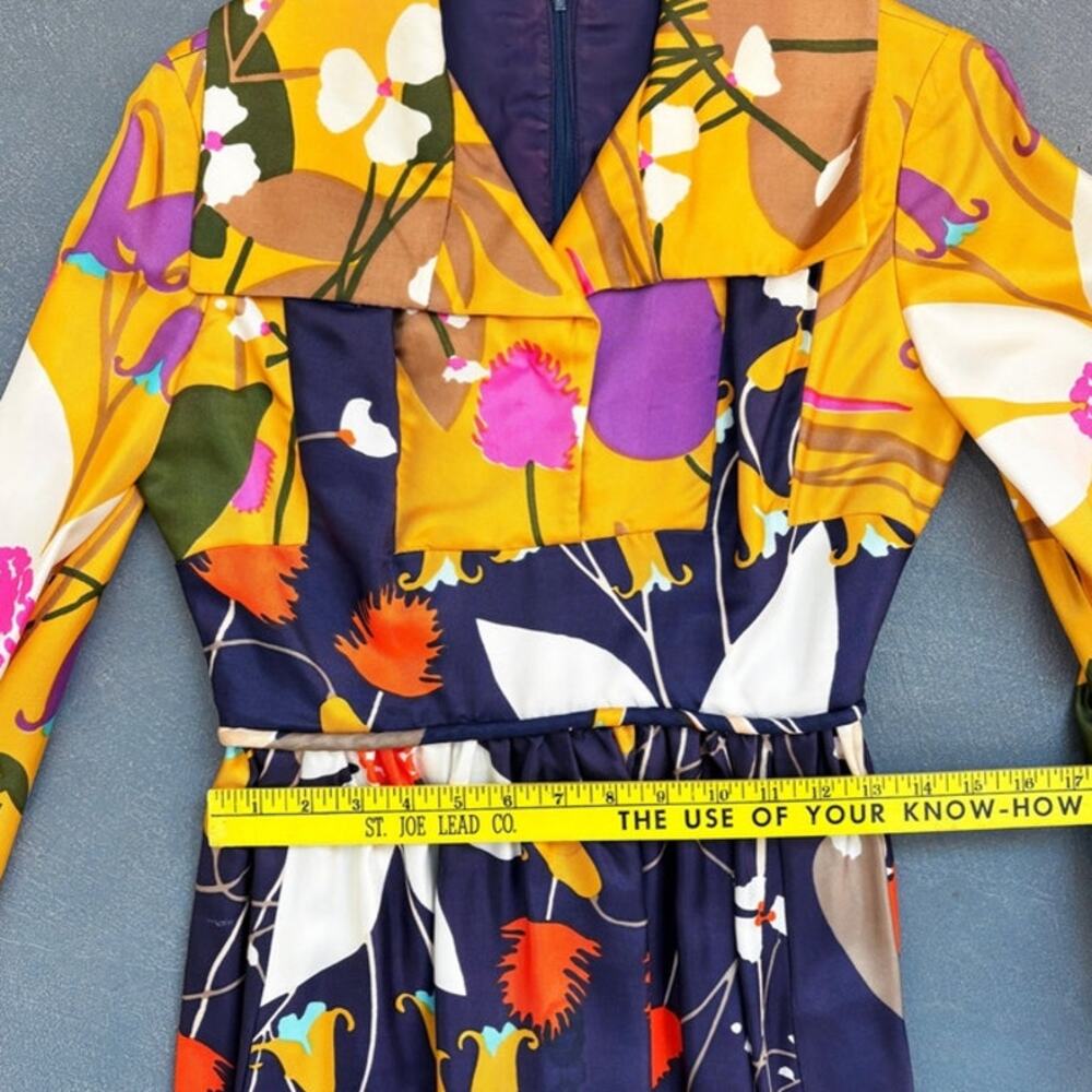 Vintage 60s Flower Power Multi-Color Rayon Long Sleeve Dress S festival - Picture 7 of 9